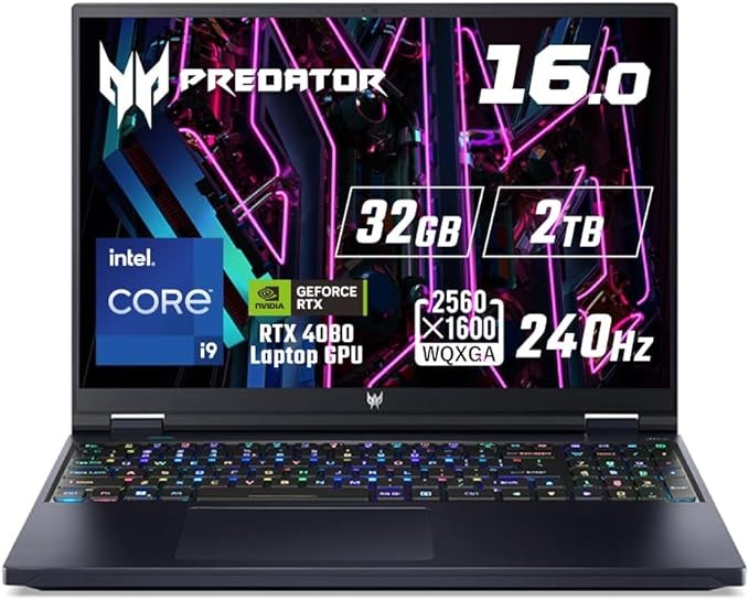 Acer Predator Helios16 Gaming Laptop, Core i9, 32GB Memory, 2TB SSD, RTX 4080, 16 Inches, WQXGA IPS 240Hz, 3ms, Wi-Fi 6E, English Keyboard PH16-71-N932Z48