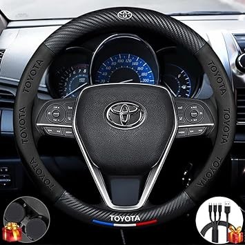Steering Wheel Cover Compatible with Toyota, Napaa Leather&Carbon Car Steering Wheel Protector, Non-Slip, Breathable, with 2 Coasters and USB Fast Charging Cable (Black)
