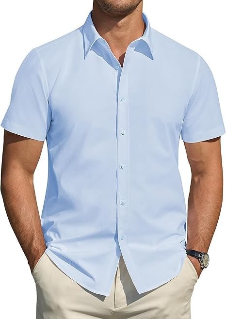 J.VER Men's Short Sleeve Dress Shirts Stretch Stain Shield Casual Button Down Shirts Solid Formal Shirt