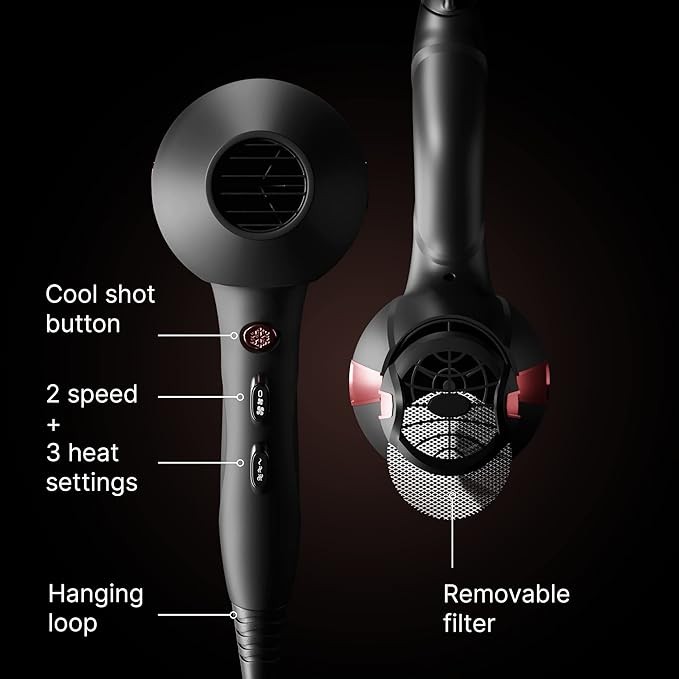 Professional 2200W Ionic Salon Hair Dryer - Professional Blow Dryer - Lightweight Travel Hairdryer for Normal & Curly Hair Includes Volume Styling Nozzle