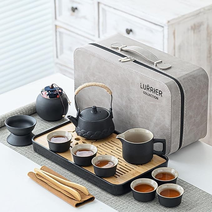 LURRIER Gongfu tea sets, Portable Ceramic TeaSet, Asian Tea sets for adult, Tea Gift sets, Grey leather case, Portable Travel Bag,Home,Gifting,Outdoor and Office(Black)