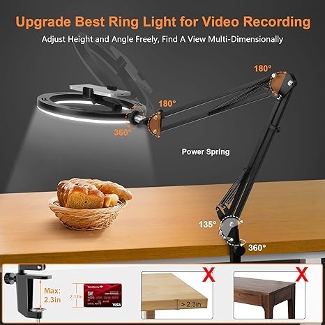 Upgrade Ring Light Overhead Phone Mount, Evershop Selfie Ring Light with Stand and Phone Holder,10”Circle LED Desk Ring Light with Clamp for Video Recording,Zoom Meeting,Live Streaming Tiktok,YouTube