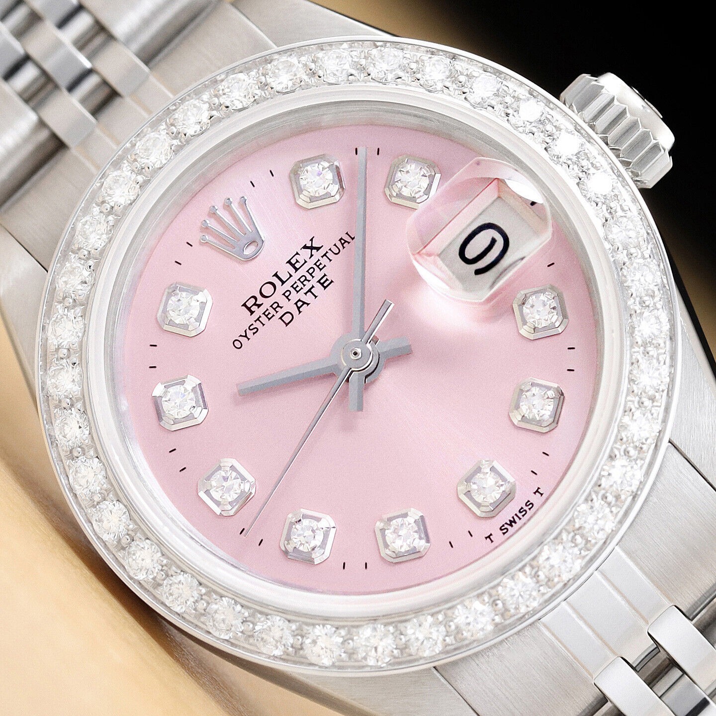 LADIES ROLEX DATE PINK DIAMOND DIAL 18K WHITE GOLD & STAINLESS STEEL WATCH