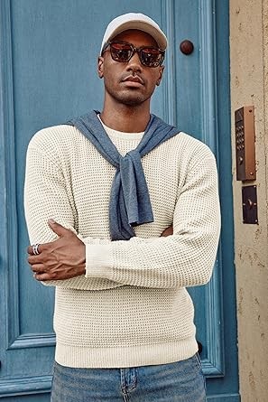 PJ PAUL JONES Mens Crewneck Pullover Sweater Waffle Textured Long Sleeve Knitted Sweaters