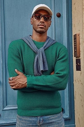 PJ PAUL JONES Mens Crewneck Pullover Sweater Waffle Textured Long Sleeve Knitted Sweaters